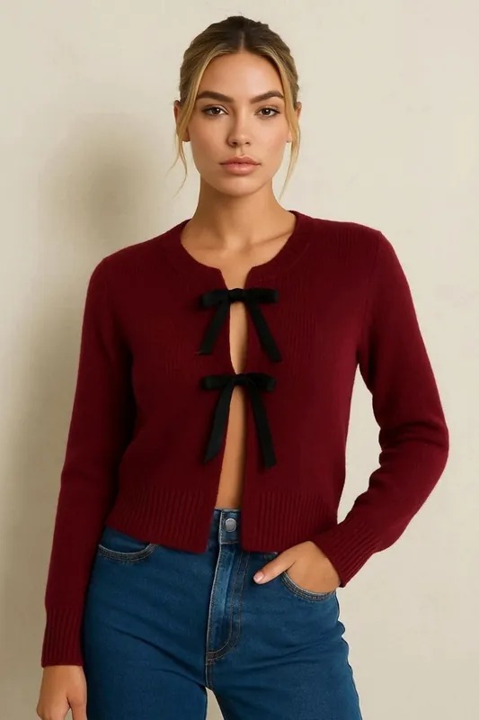 Knitted Lace-Up Front Long Sleeve Cardigan