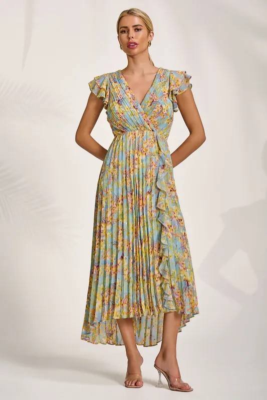 Pleated Chiffon Dip Hem Maxi Dress - Jolie Moi