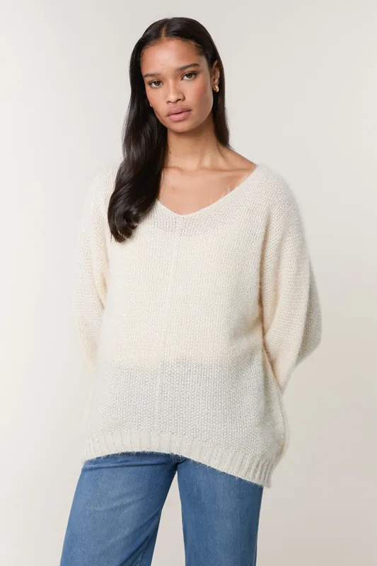 Beige Fluffy Textured V Neck Jumper - Blue Vanilla