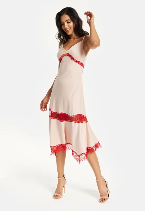 Liquorish Elegant Nude Midi Dress With Lace Details