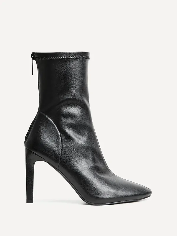West Black Faux Leather Pointed Stretch Heeled Ankle Boot - Linzi