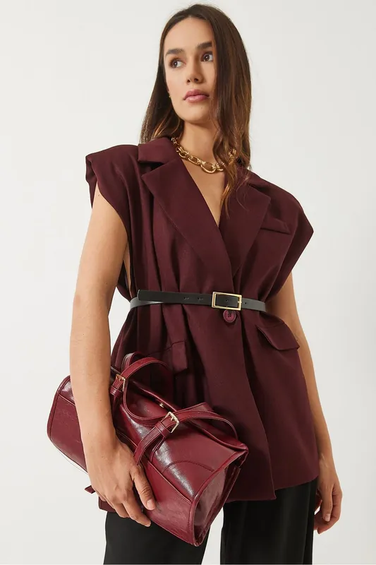 Belted Long Shawl-Collar Vest