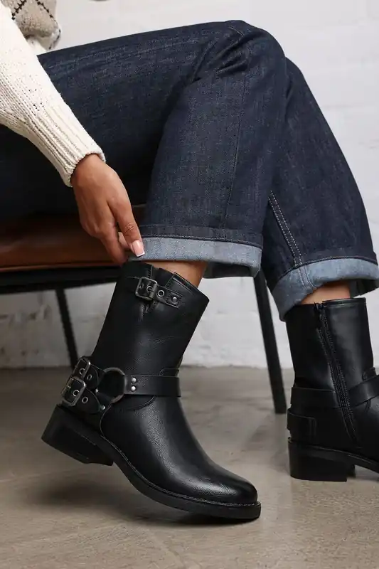 Xoe' Mid Calf Biker Boots with Double Buckle Strap Detail - Where's That From
