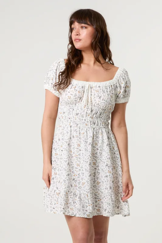 Multi Puff Sleeve Shirred Mini Dress - Blue Vanilla