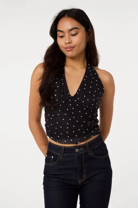 Black Ruched Side Halter Top In Polka Dot - Pink Vanilla