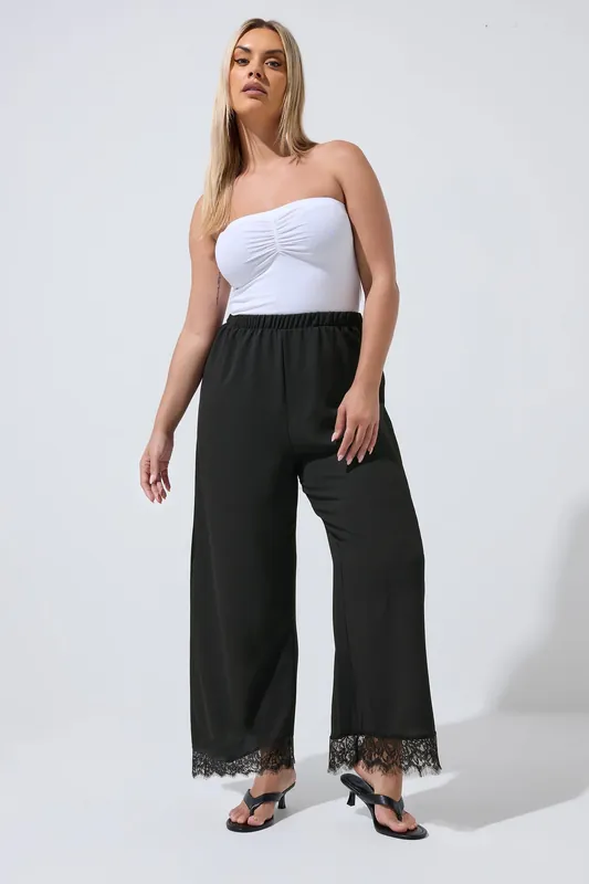 Lace Hem Wide Leg Trousers - Yours