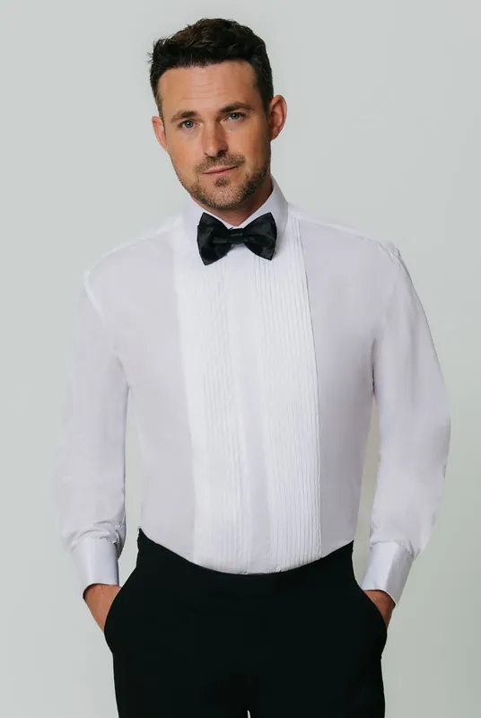 White Pleated Front Standard Collar Dress Shirt - Dobell