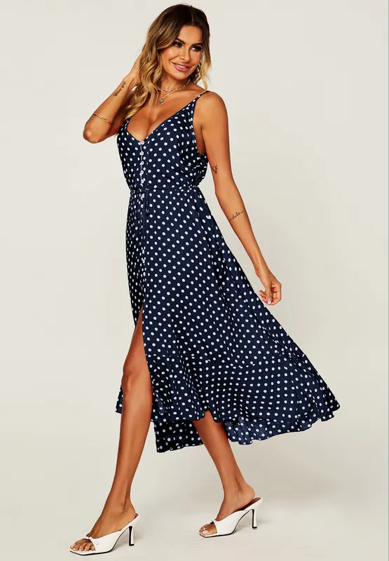 Button Down High Low Strappy Dress In Navy & White Polka Dot - FS Collection