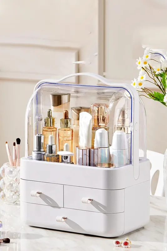 39CM High Cosmetic Organizer Makeup Storage Box With 3 Drawers And Transparent Lid - Living and Home
