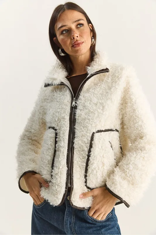Faux Leather Detailed Plush Jacket - Bianco Lucci