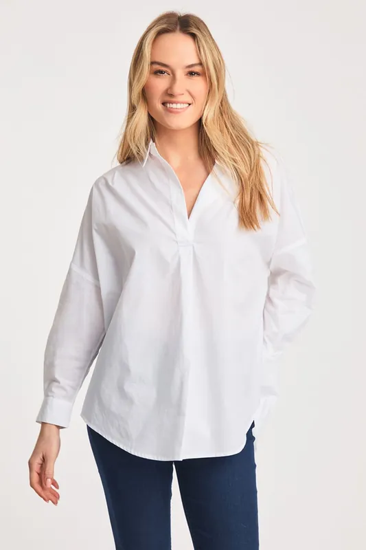 Cotton Long Sleeve Poplin Popover High-Low Hem Shirt
