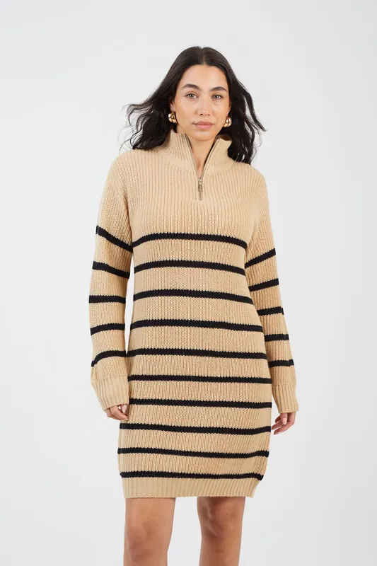 Striped Knitted Half Zip Mini Dress - Brave Soul