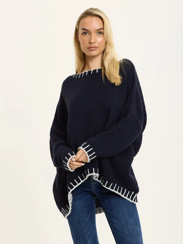 Navy Wool Blend Jumper White Trim - Liquorish