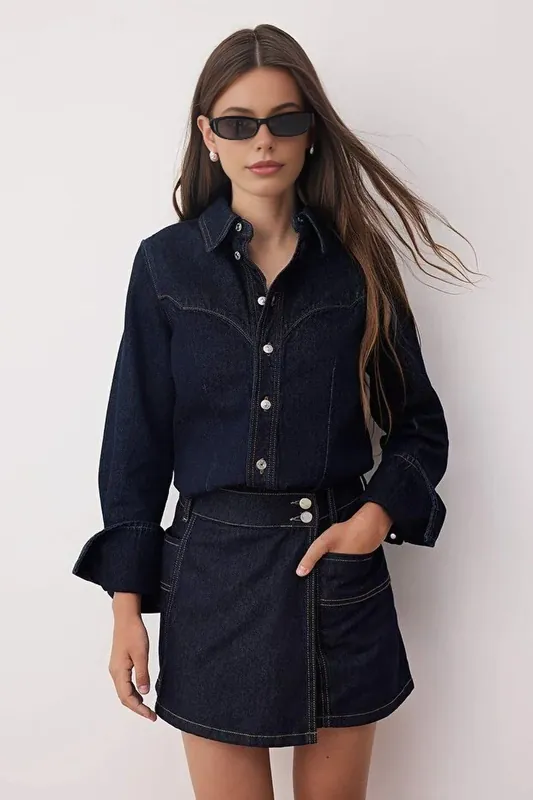 Double Breasted Denim Mini Skort with Utility Pocket Detail - WOVCOR