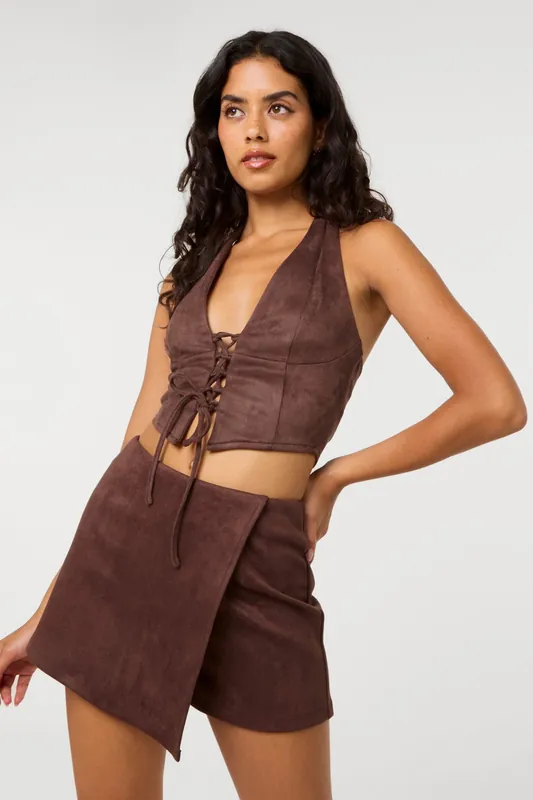 Brown Suedette Lace Halterneck Top - Pink Vanilla