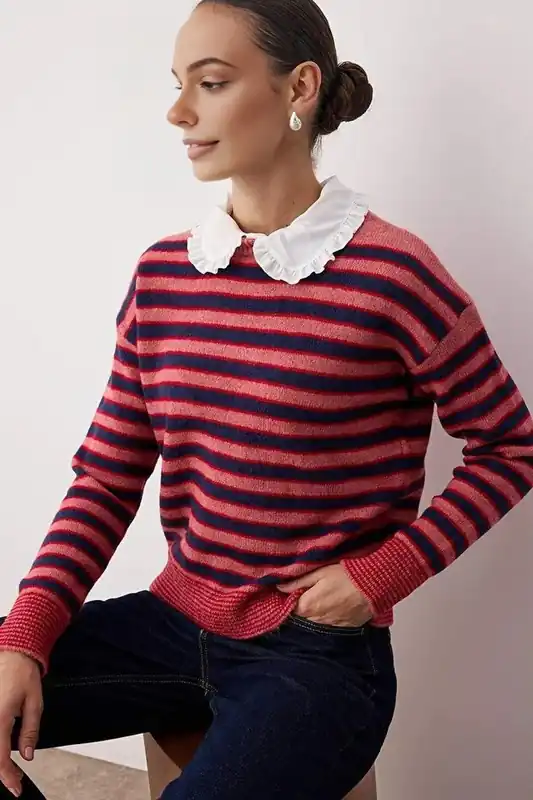 Striped Knit Sweater with Detachable Collar Detail - WOVCOR