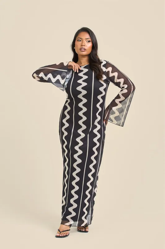 Curve Mono Print Mesh Flare Sleeve Maxi Dress - FASHION-SZN