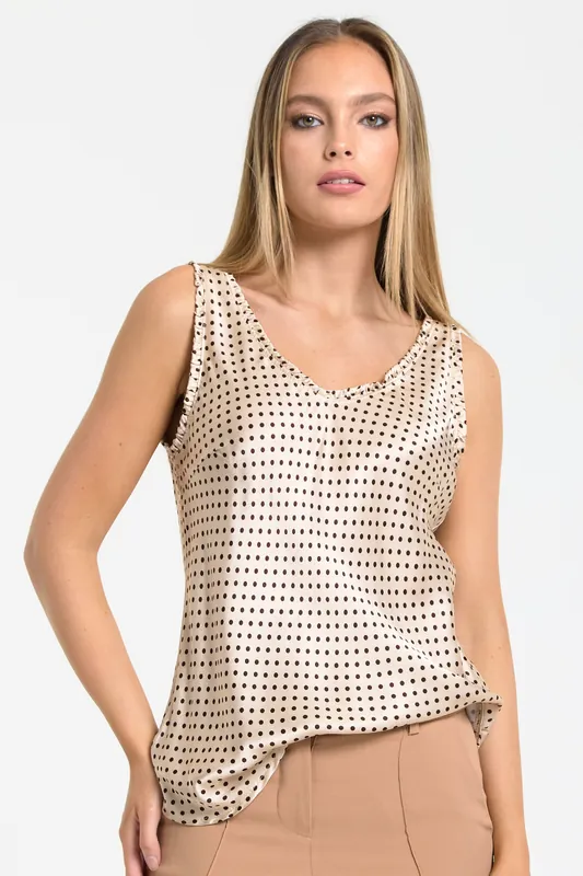 Beige Polka Dot Satin Tank Top - Liquorish