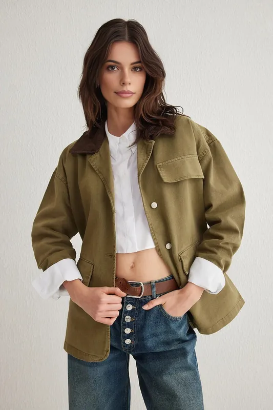 Plain Collared Button Front Utility Jacket - WOVCOR