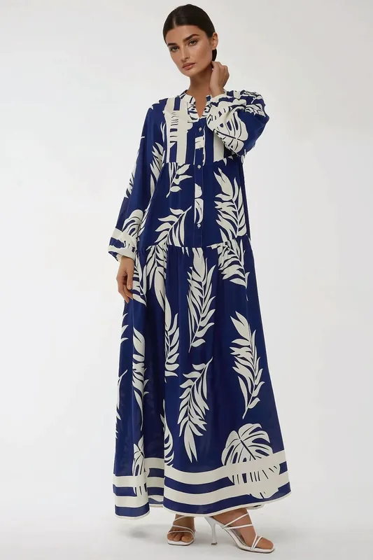 Printed Long Sleeve Viscose Maxi Dress - Hiccup