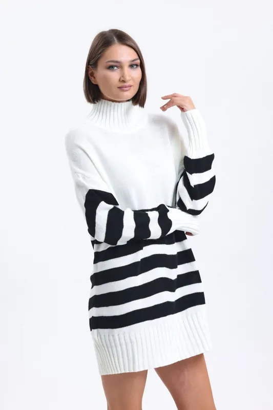 Striped High Neck Long Sweater - Hiccup