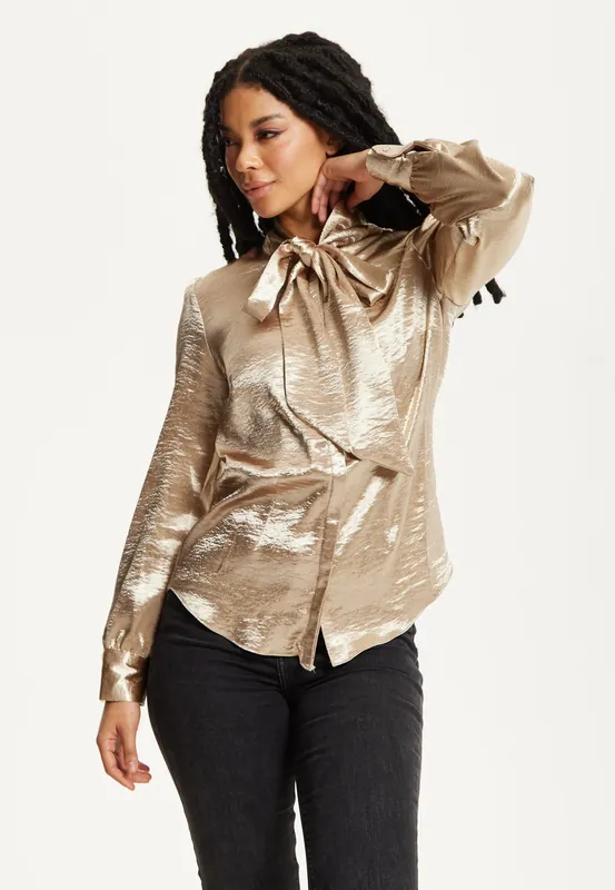 Gold Satin Bow Blouse - Liquorish
