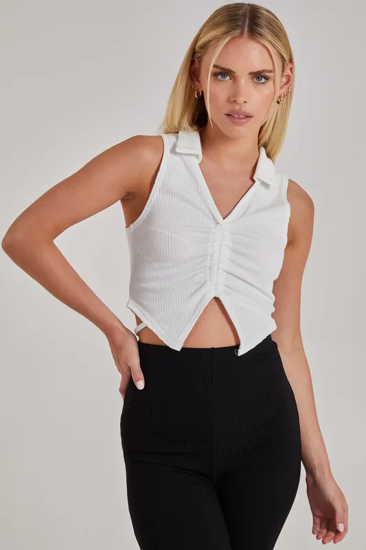 Gathered Collar Neck Rib Top - Pink Vanilla