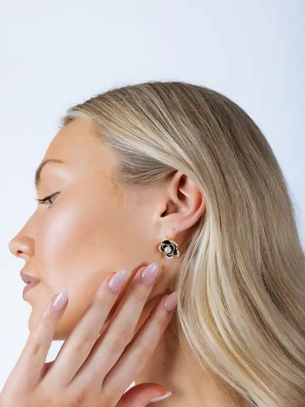 Black Floral Pearl Stud Earrings in Gold - Gift Boxed
