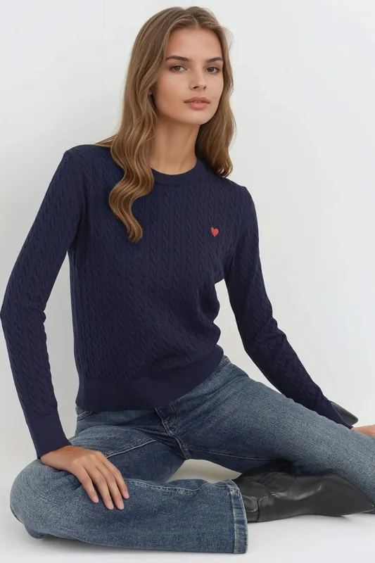Hair Braid Knit Sweater with Heart Detail - Hiccup