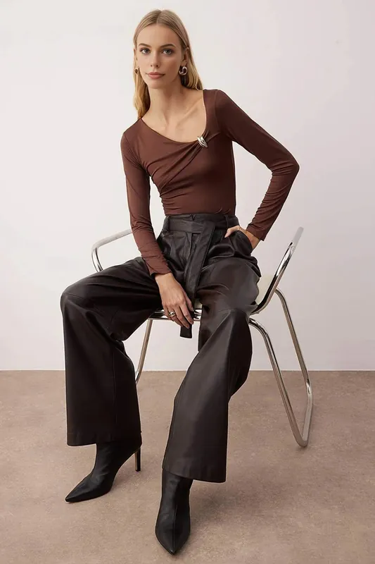 Asymmetric Long Sleeve Bodysuit with Metal Ring Detail - WOVCOR