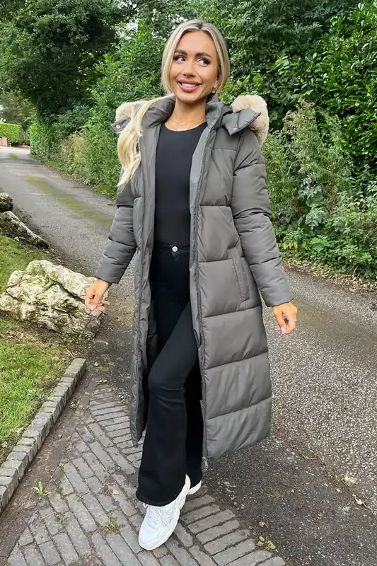Khaki Faux Fur Hooded Longline Padded Coat - AX Paris