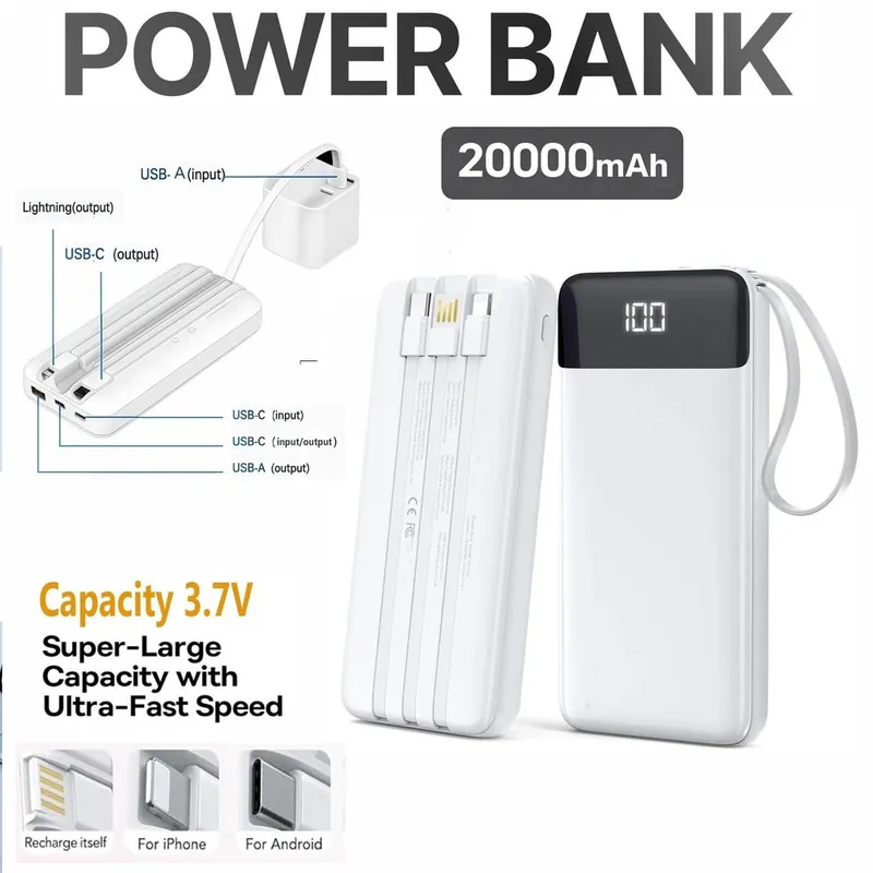 Power Bank Fast Charging 20000mAh Capacity 3.7V Portable Phone Charger USB Input & Output Powerbank with LCD Display Travel Bank - ATEK