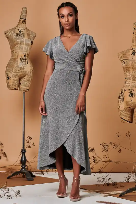 Metallic Effect Ruffle Hem Maxi Dress - Jolie Moi