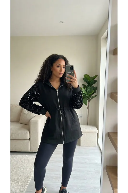 Evalora Zip Up Hoodie With Sequin Sleeve Detail - IKRUSH