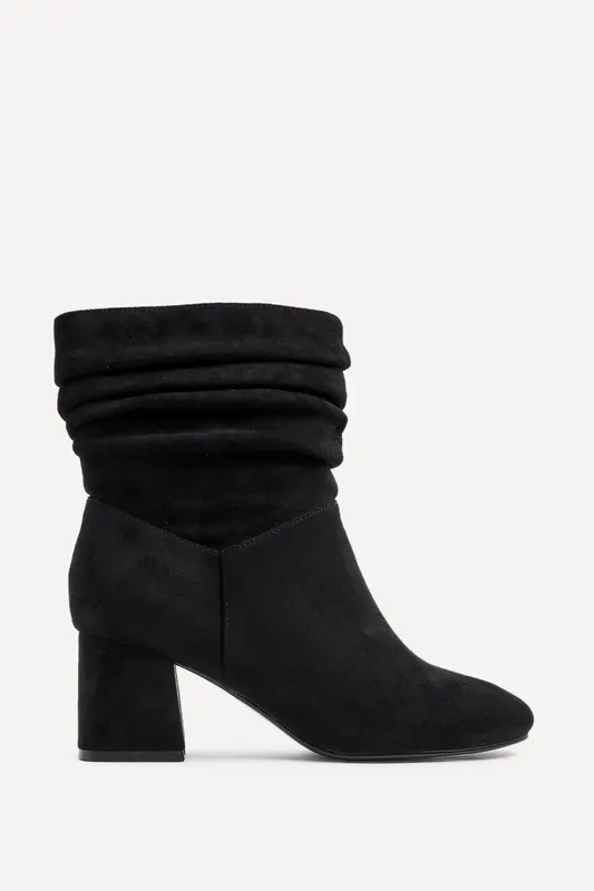 Zayda Wide Fit Black Faux Suede Ruched Heeled Ankle Boot - Linzi