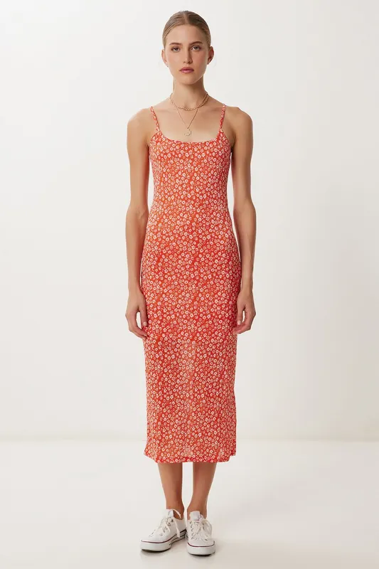 Square Collar Sleeveless Floral Midi Dress - Happiness Istanbul