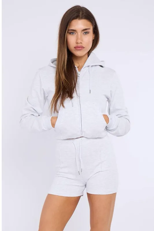 Zipped Hooded Crop Top and Seam Detail Shorts Fleece Co-ord