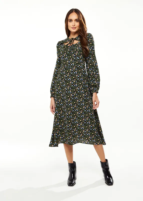 Black Floral Print Midi Dress With Lurex And Neck Detail - Liquorish