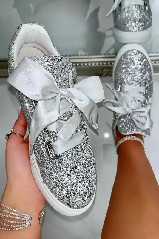 Sparkly Glitter Ribbon Lace Trainers - Love Lemonade