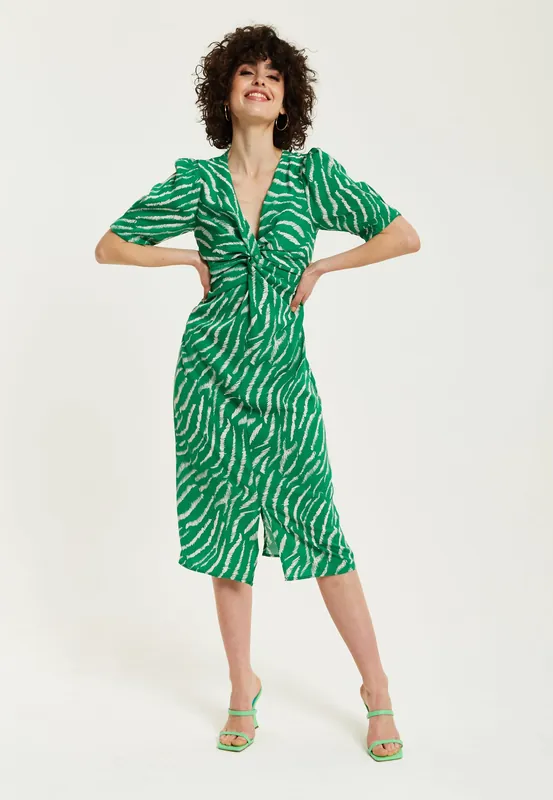 Green Zebra Print Knot Front Midi Dress With Short Sleeves - Liquorish