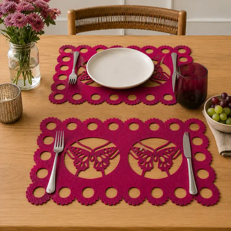 Set of Two Hot Pink Felt Butterfly Design Placemats, Durable Heat-Resistant Table Mats for Dining