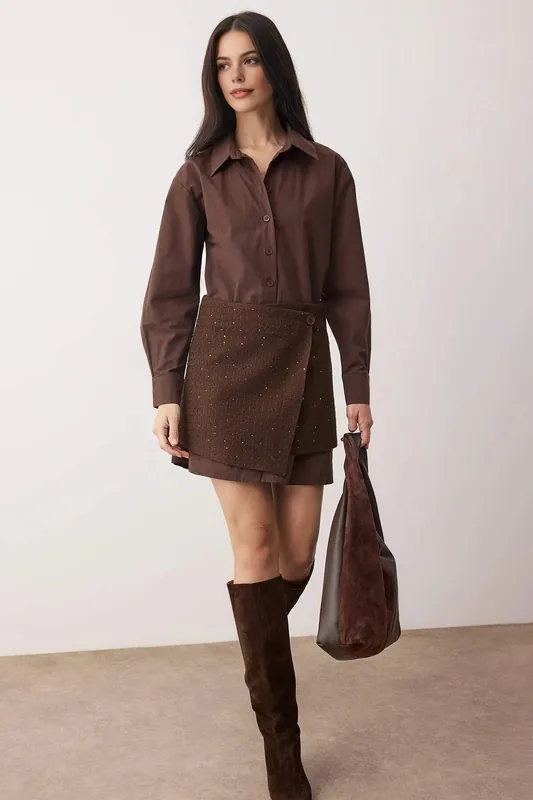 Tweed Wrap Skirt Collared Long Sleeve Woven Mini Shirt Dress - WOVCOR