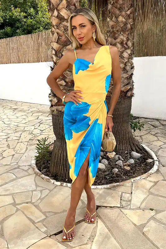 Yellow And Blue Floral Print Strap Detail Gathered Midi Dress - AX Paris