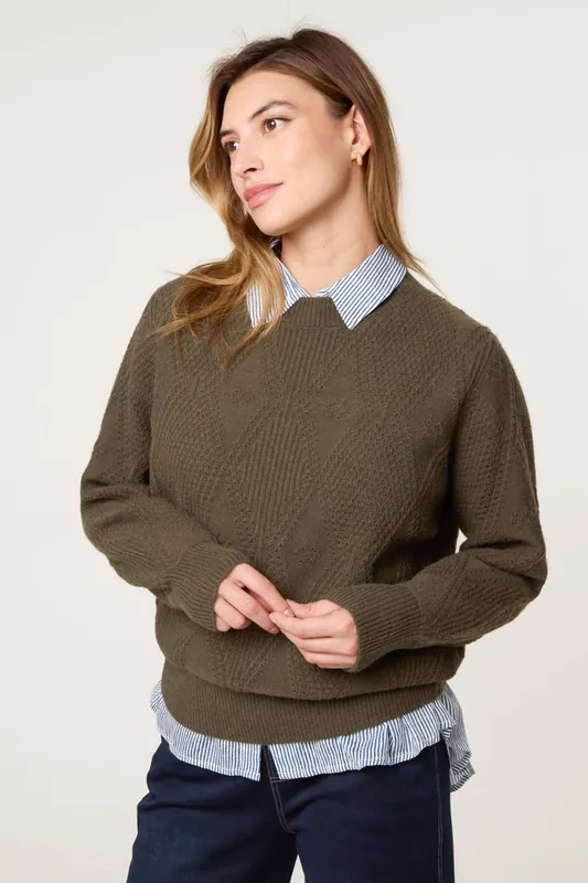 Khaki Argyle Texture Knit Jumper - Blue Vanilla