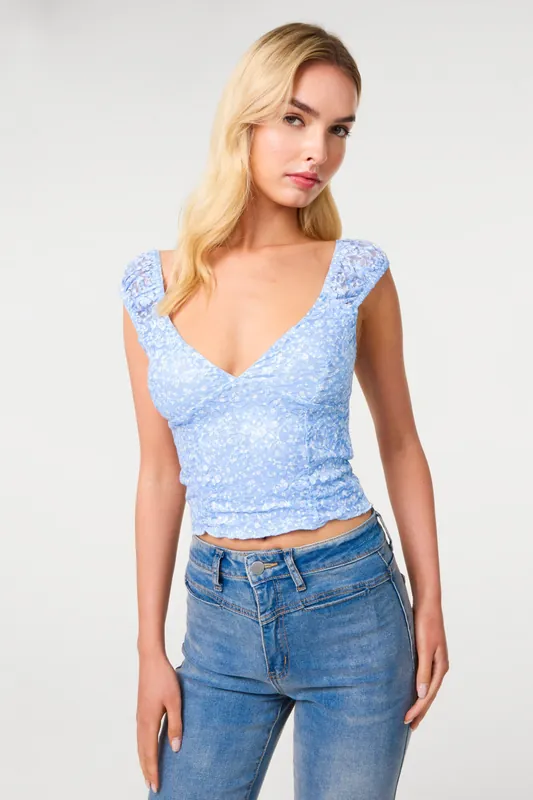 Light Blue V Neck Lace Crop Top - Pink Vanilla
