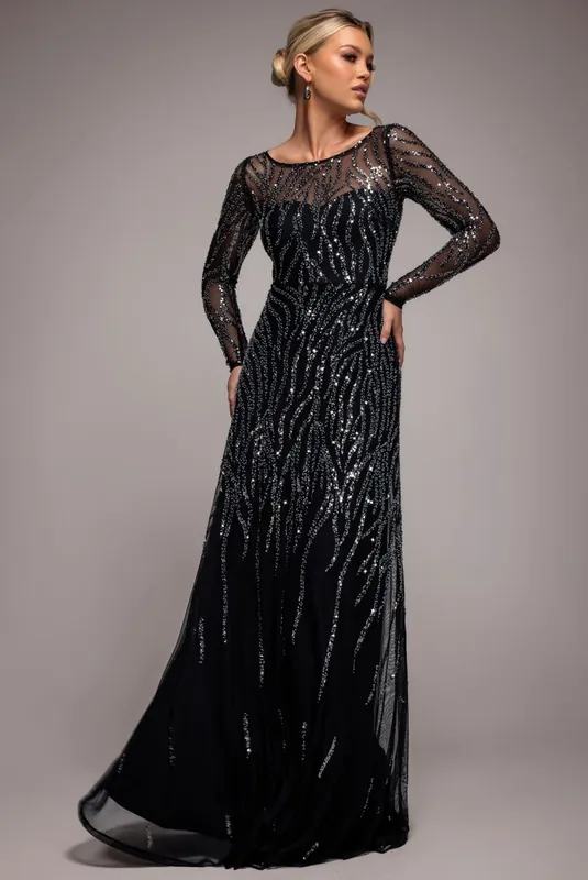 Ombre Sequin Beaded Flared Long Sleeve Maxi Dress - Goddiva