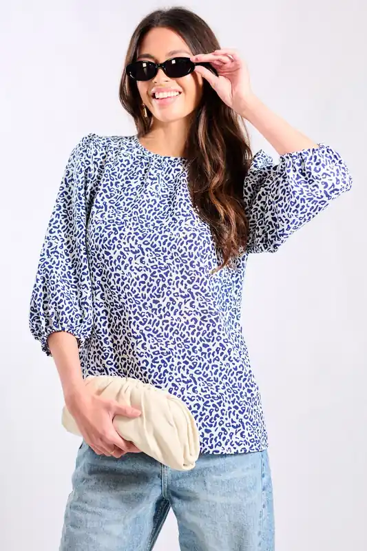 Blue Animal Puff Sleeve Blouse - Needs No Label
