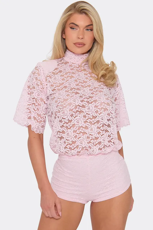 Short Sleeve High Neck Sheer Lace Micro Playsuit - EGO