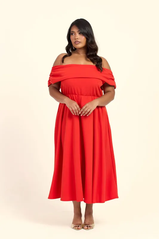 Curve Bardot Flared Skirt Midi Skater Dress - FASHION-SZN