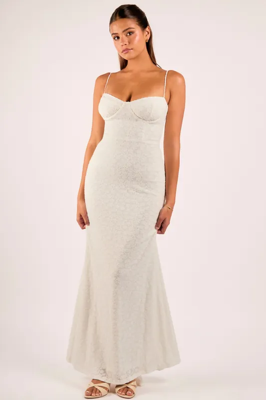 Taria White Floral Flocked Corset Bustier Maxi Dress - Jaded Rose
